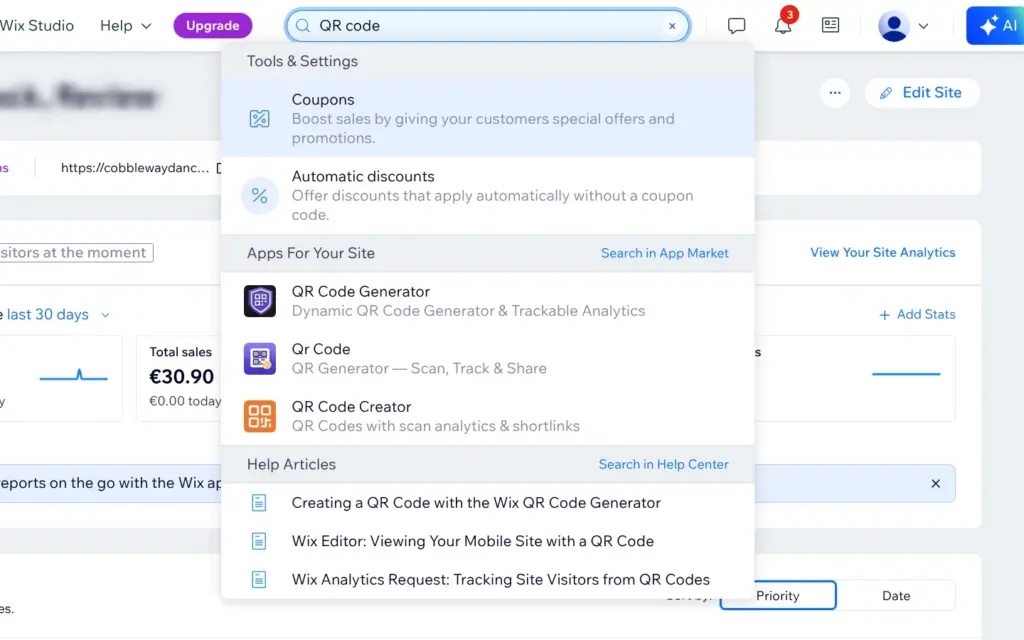 Wix dashboard search for QR code, listing three QR code apps from the App Market and three help articles