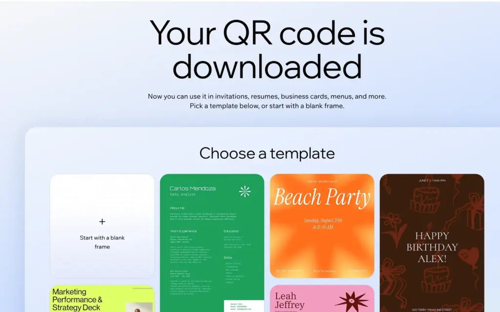 Wixel page saying Your QR code is downloaded, with templates for designs below