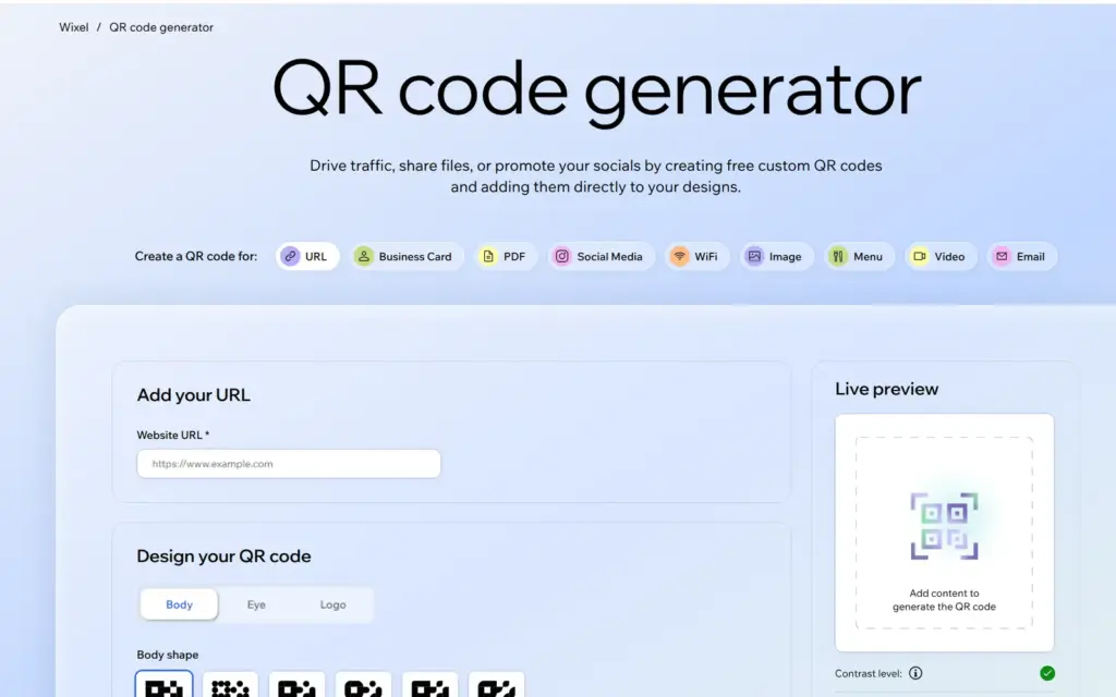 Wix QR code generator on Wixel with nine content types and URL selected