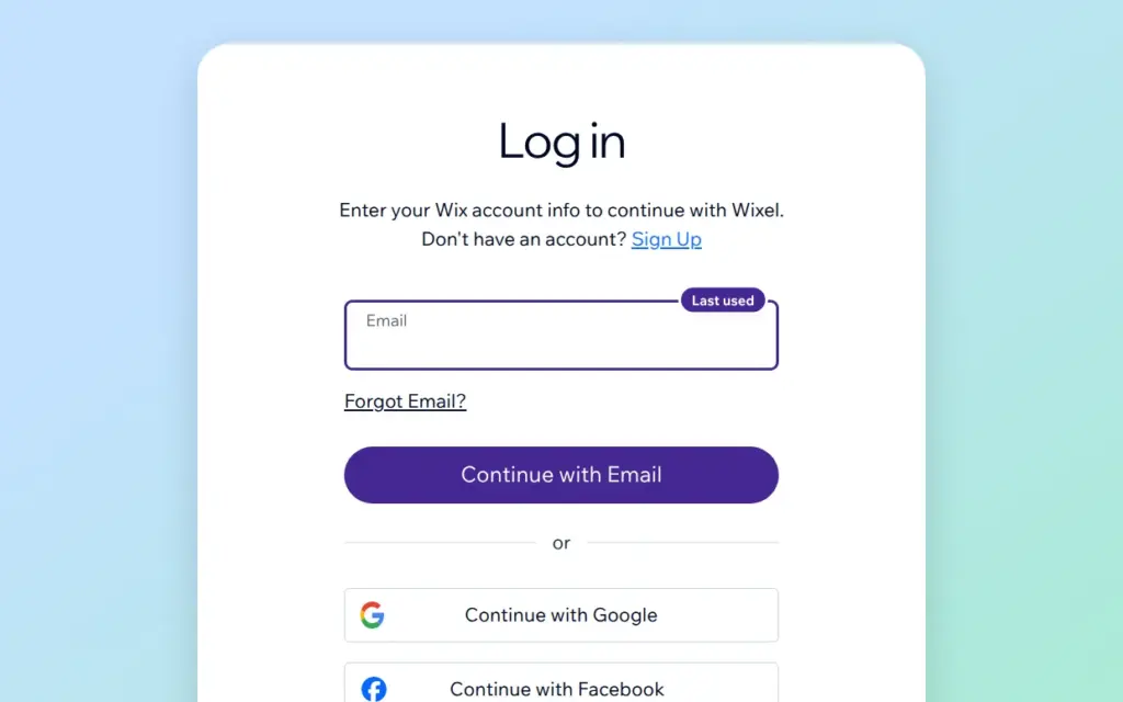 Wixel login page that asks for the Wix account before the QR code download