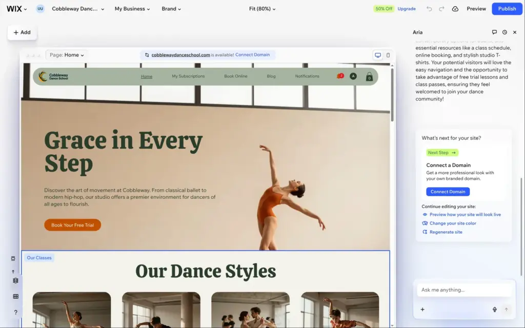 Home page generated by Aria in the Wix Harmony editor