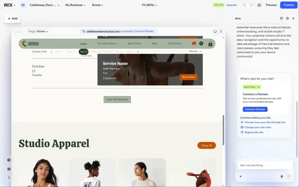 Generated class schedule with sample sessions and studio apparel products