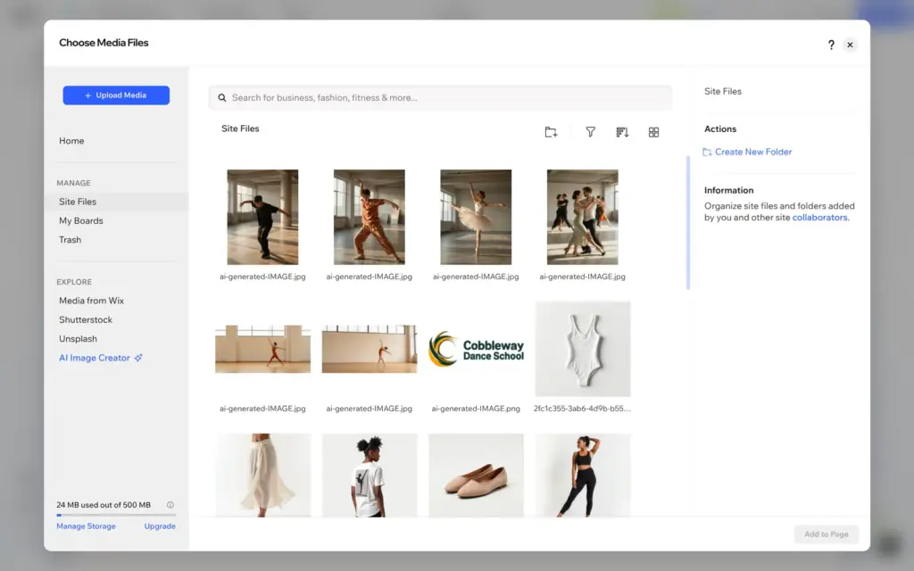 Wix media library listing AI-generated images