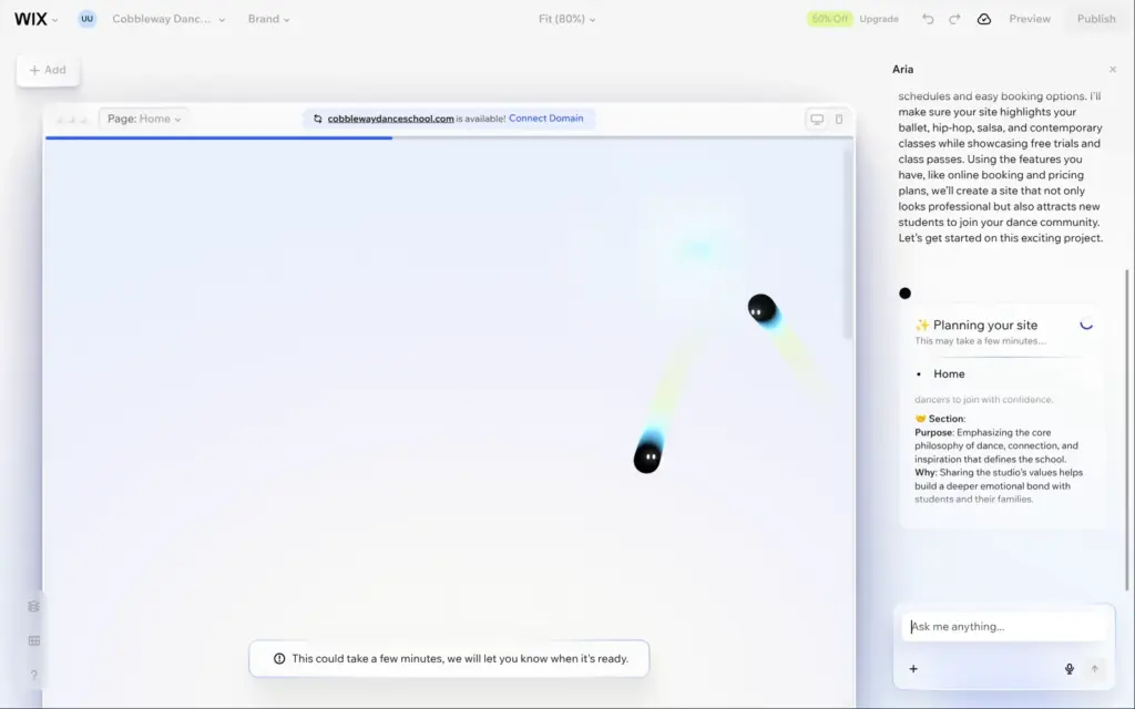 Aria planning the site sections in the Wix Harmony editor