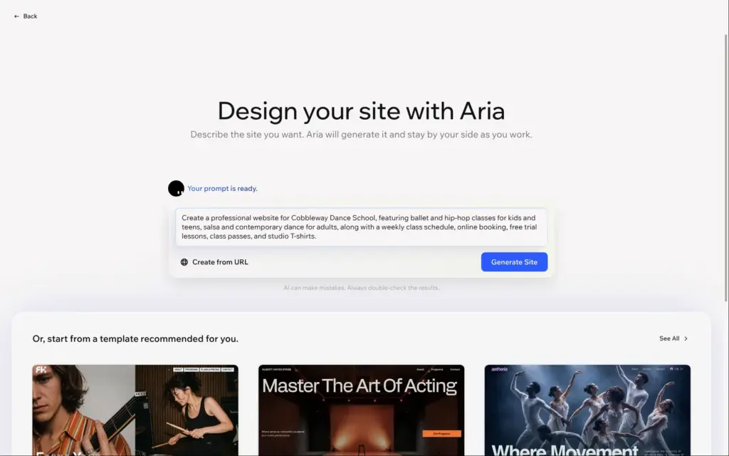 Wix Harmony editor offering to generate the site with Aria or start from a template