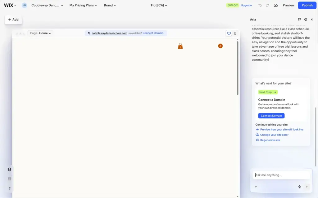 Wix editor showing an empty page after Aria reported the site as ready