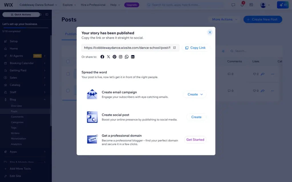 Wix dialog after publishing a blog post
