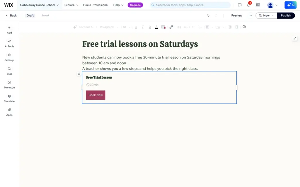 Wix blog editor with a new post and a bookable trial lesson