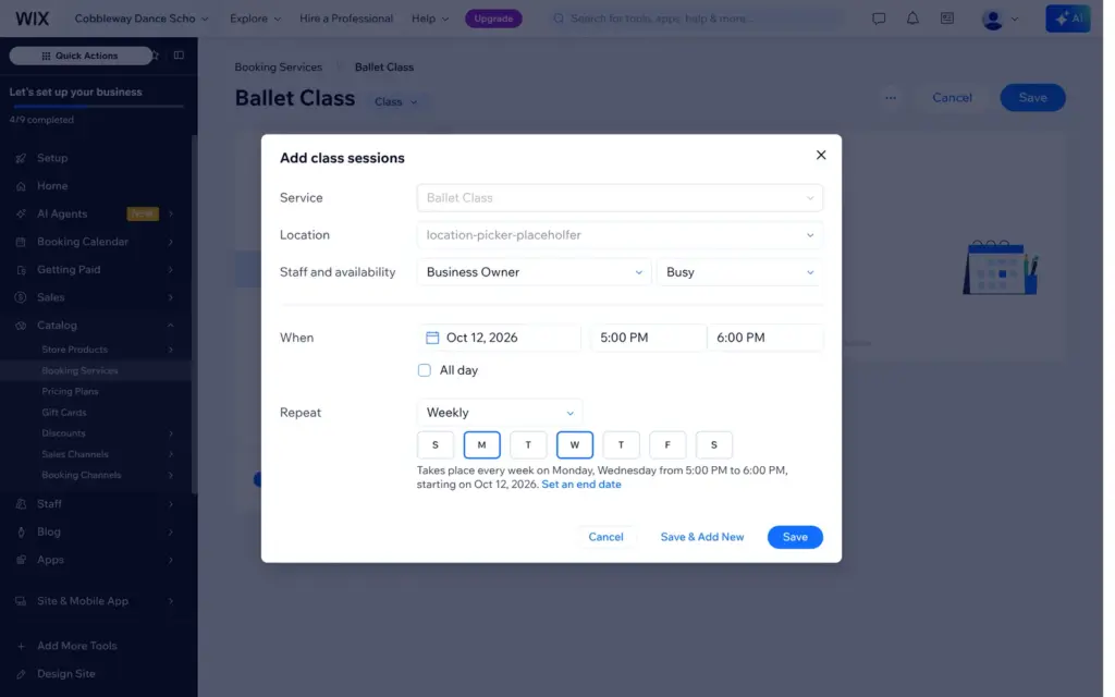 Adding weekly class sessions in Wix Bookings