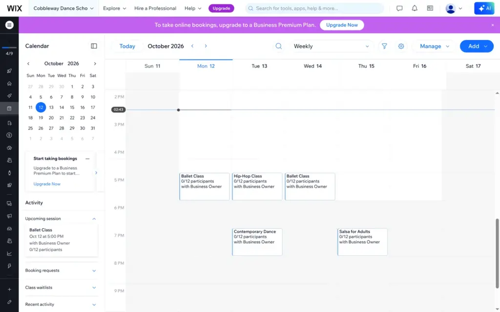 Wix booking calendar with the weekly class sessions