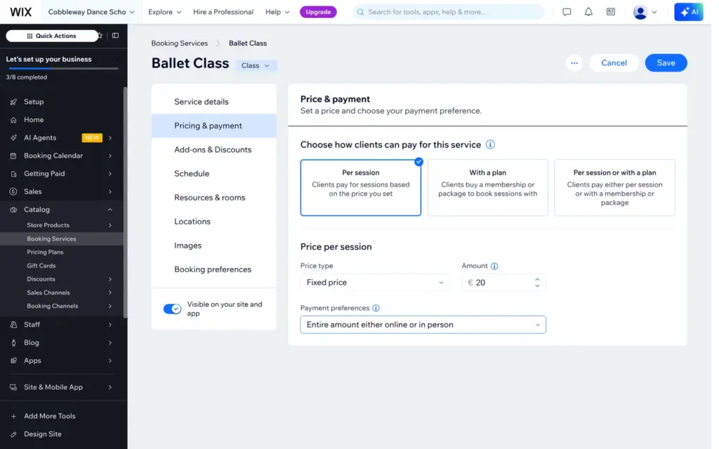 Wix Bookings payment options for a class