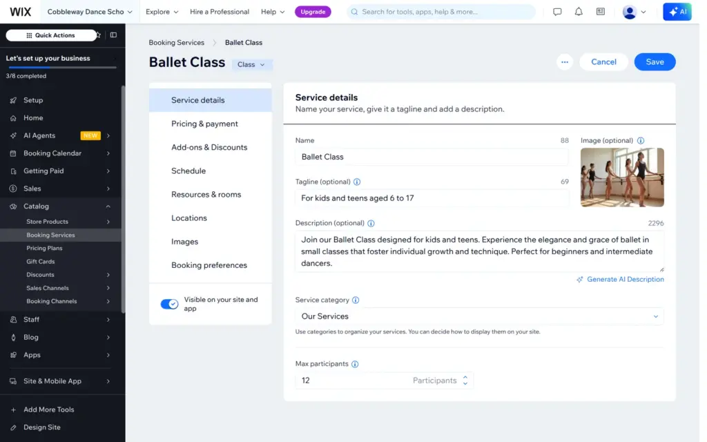 Wix Bookings class settings with name, tagline and participants