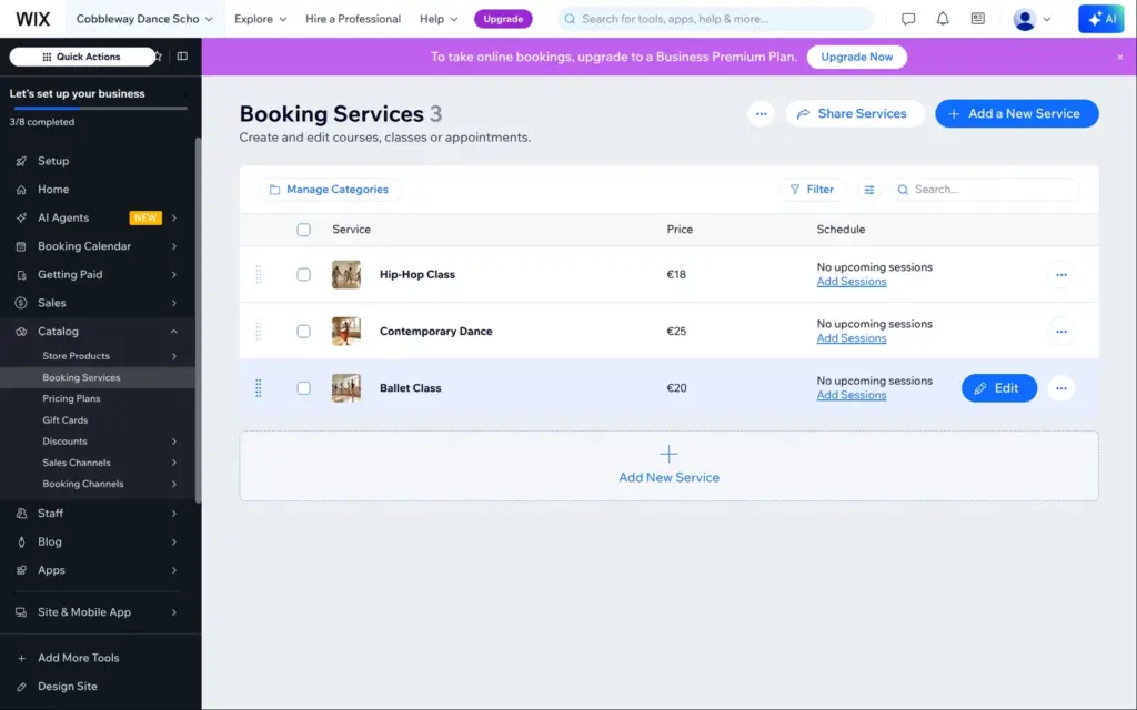 Wix Bookings services list with three classes and no sessions