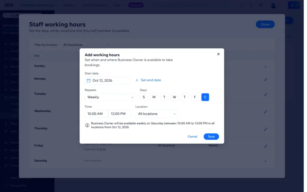 Adding Saturday working hours for the owner in Wix Bookings