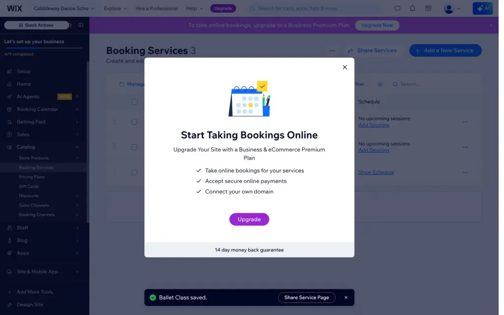 Wix message that taking bookings needs a paid plan