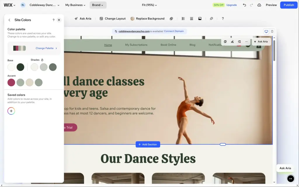 Wix Brand panel with site colors and a raspberry accent color