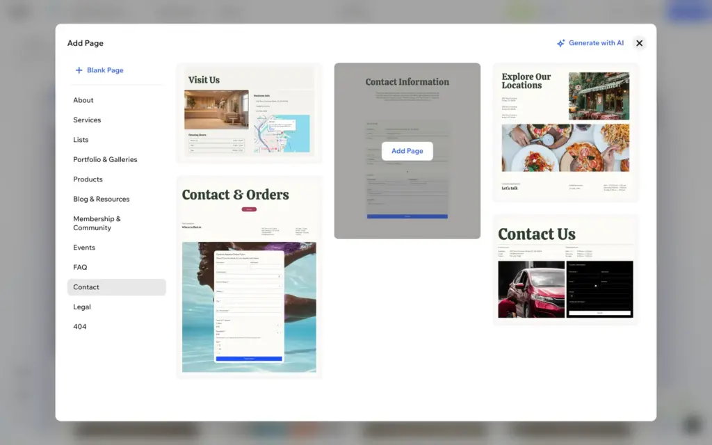 Wix page designs for a contact page