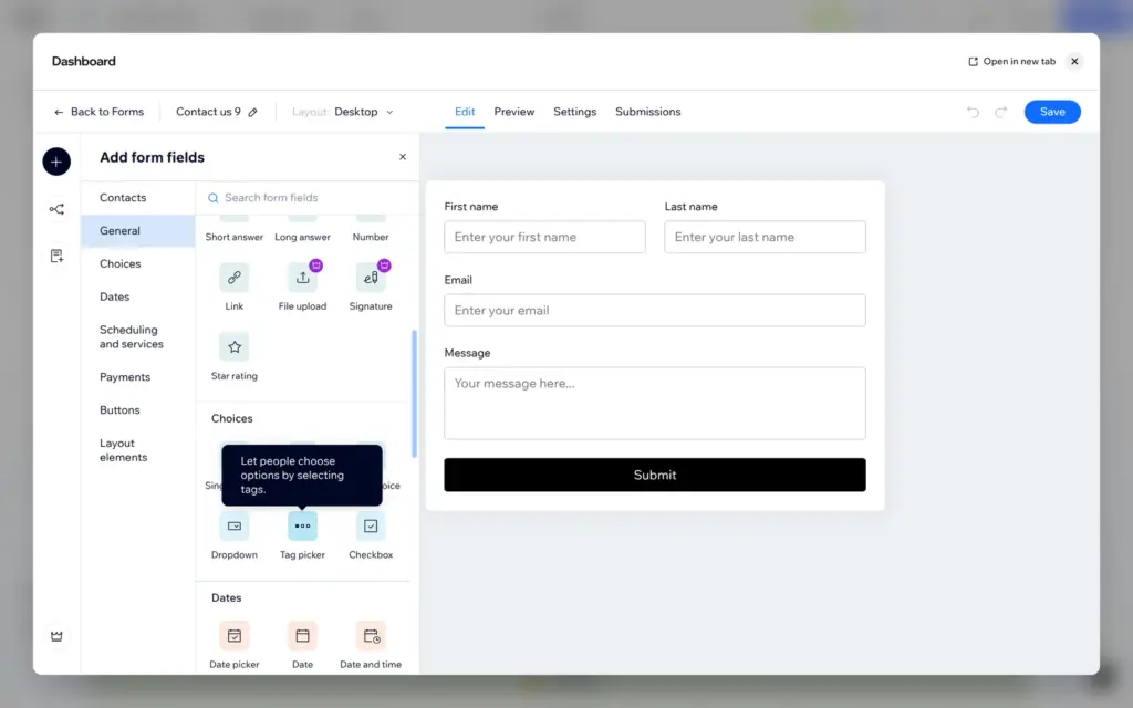 Wix Forms field panel with premium badges on file upload and signature fields