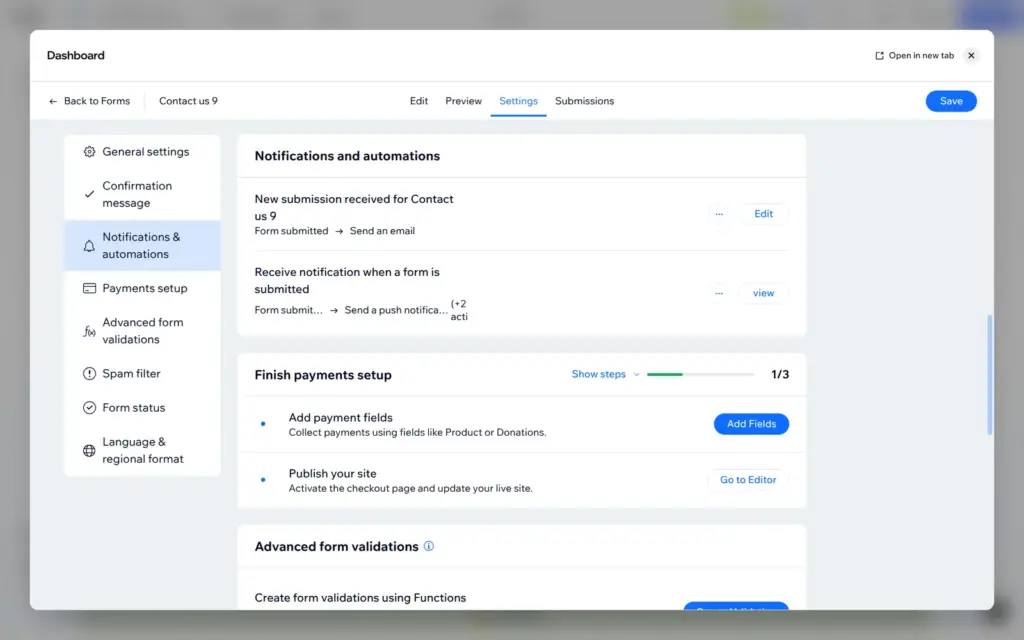 Wix Forms notification settings that email new submissions