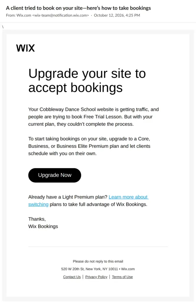 Wix email saying a client tried to book and asking to upgrade