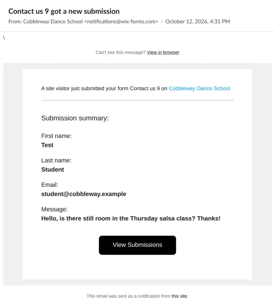 Email notification for a contact form submission from the Wix site