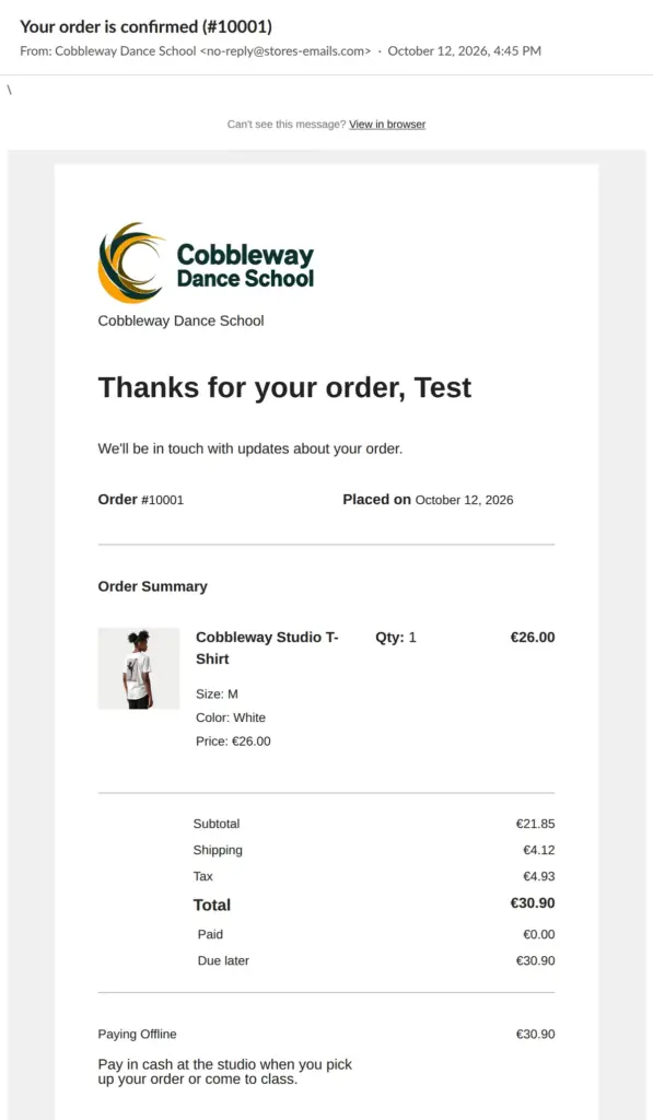 Order confirmation email of the test order