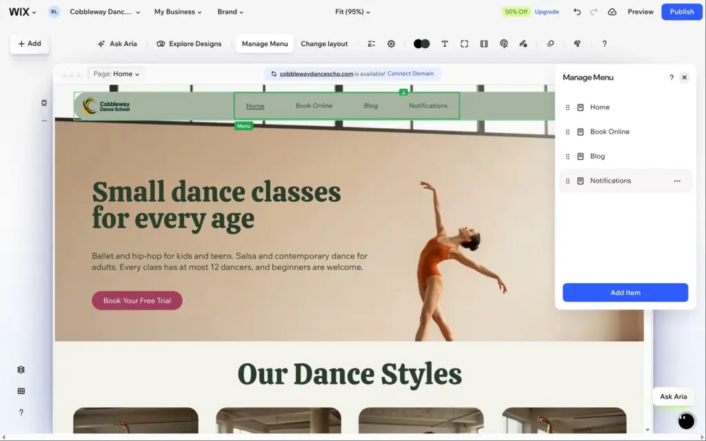 Wix Manage Menu panel with menu items