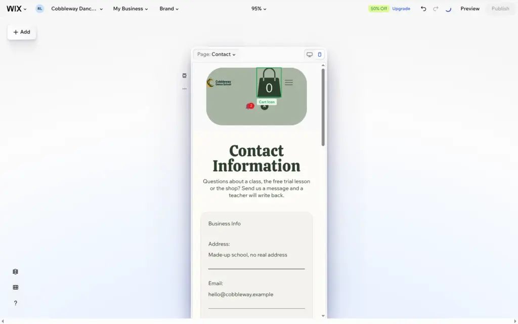 Broken phone header with a huge cart icon in the Wix editor