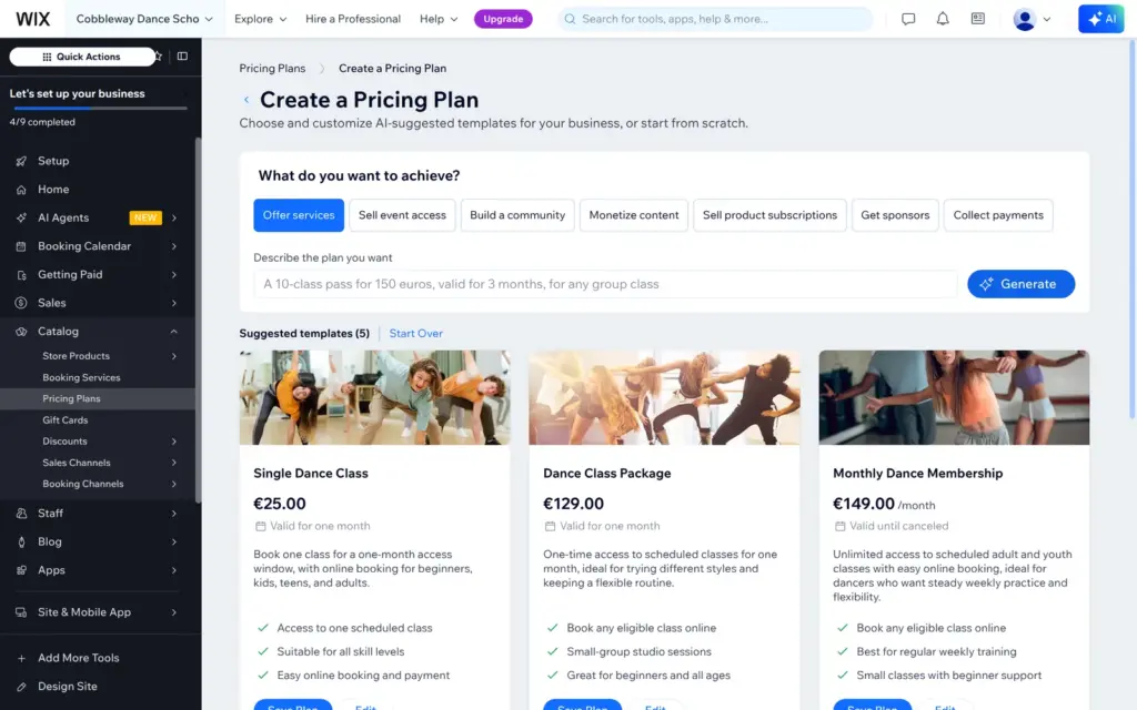 Five suggested pricing plans for the dance school in Wix