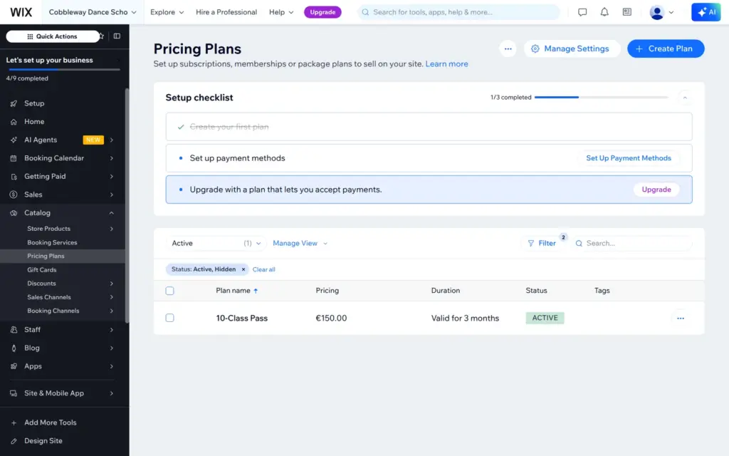 Saved 10-class pass with a prompt to upgrade for payments