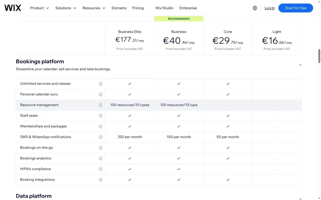 Wix plan comparison for bookings features