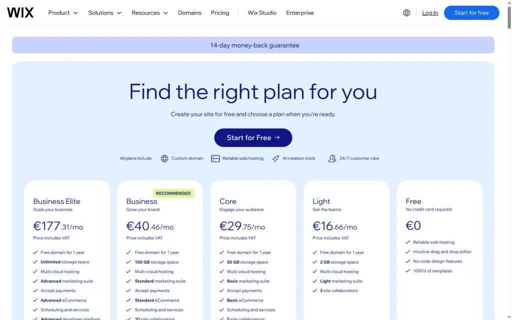 Wix pricing page with prices in euros