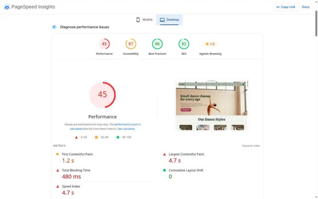 PageSpeed Insights desktop result for the Wix demo site, score 45