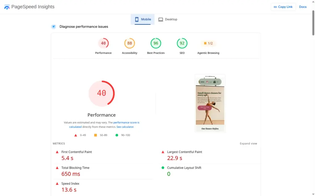 PageSpeed Insights mobile result for the Wix demo site, score 40