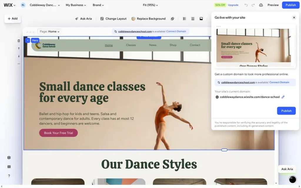 Wix publish dialog offering a custom domain