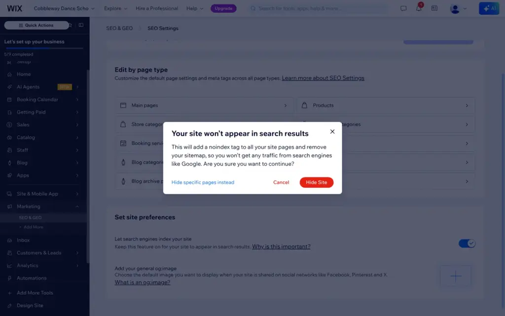 Wix warning that hiding the site adds a noindex tag and removes the sitemap