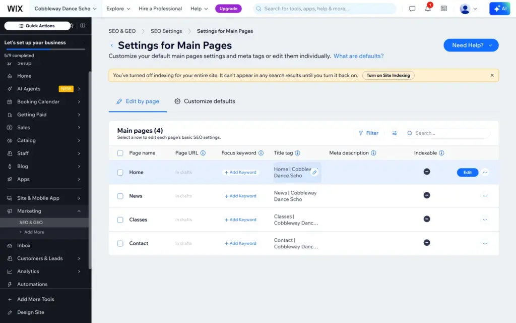 Page titles using the cut-off site name Cobbleway Dance Scho