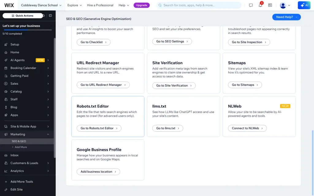 Wix SEO and GEO tools in the dashboard