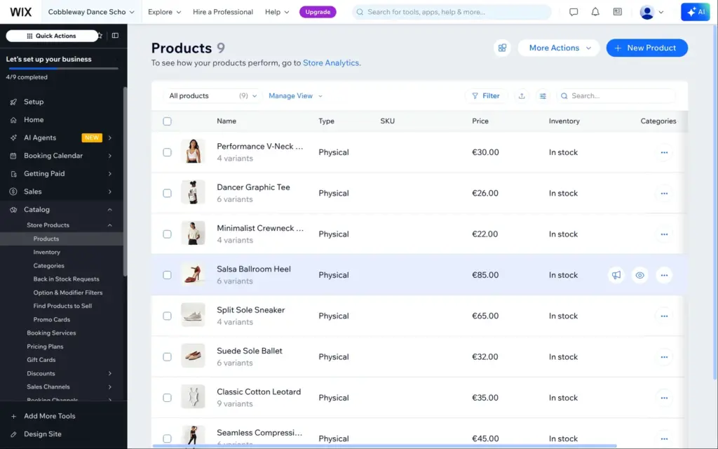 Nine sample products created by Aria in Wix Stores