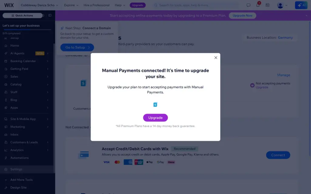 Wix manual payments connected but needing an upgrade
