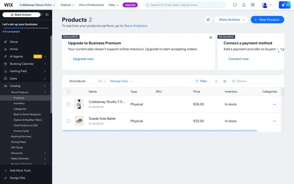 Wix banner that the free plan does not support online checkout