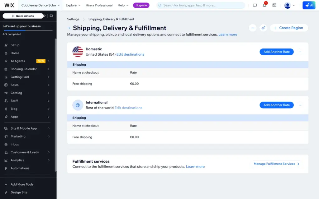 Default Wix shipping regions with free shipping to the United States and the world