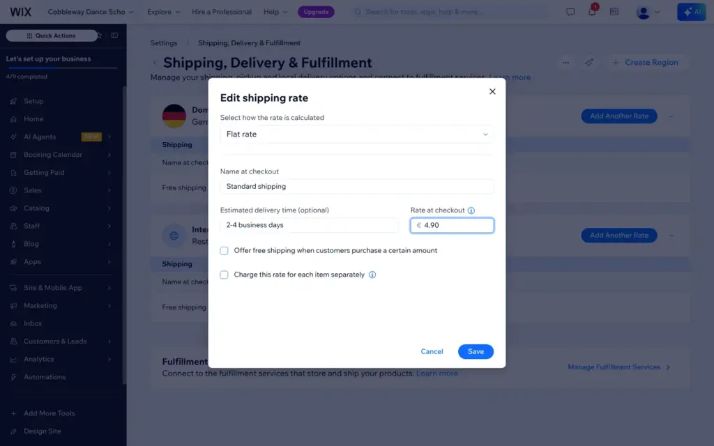 Flat shipping rate of 4.90 euros for Germany in Wix