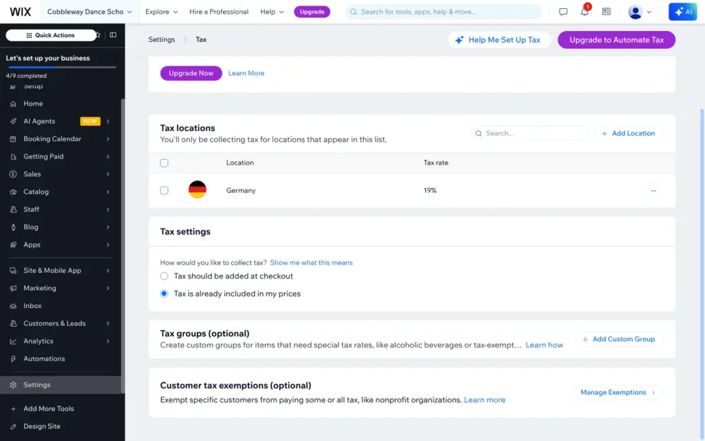 Wix tax settings with tax included in prices