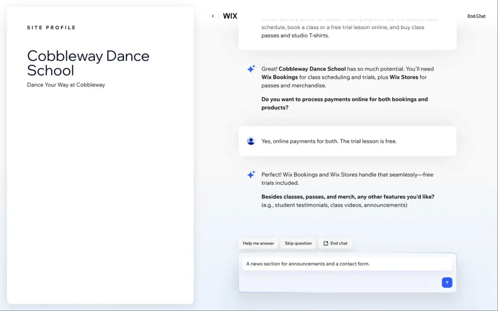 Wix AI onboarding chat with the dance school description and a site profile