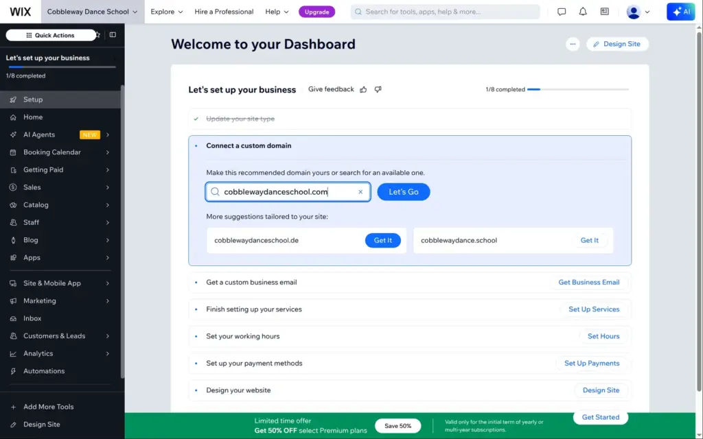 Wix dashboard after onboarding with a setup checklist