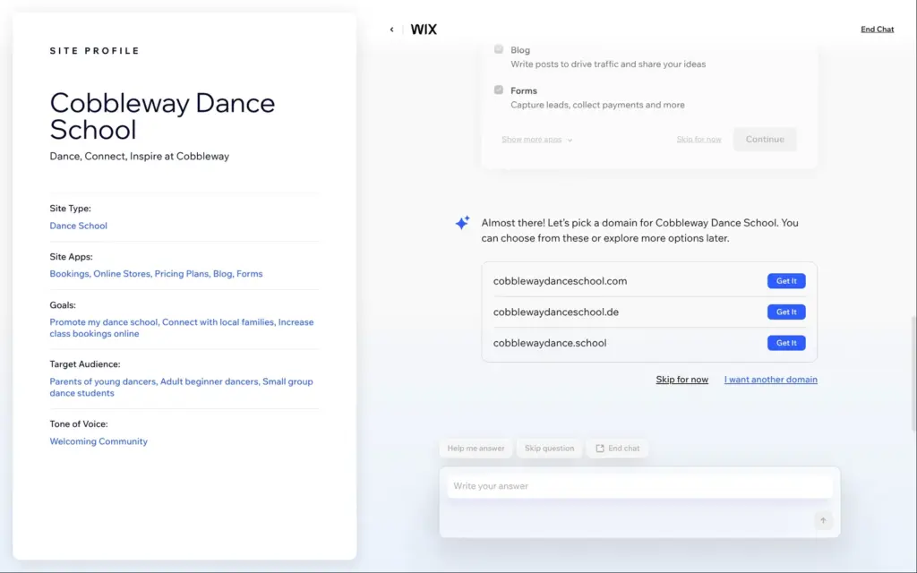 Wix AI chat offering matching paid domains
