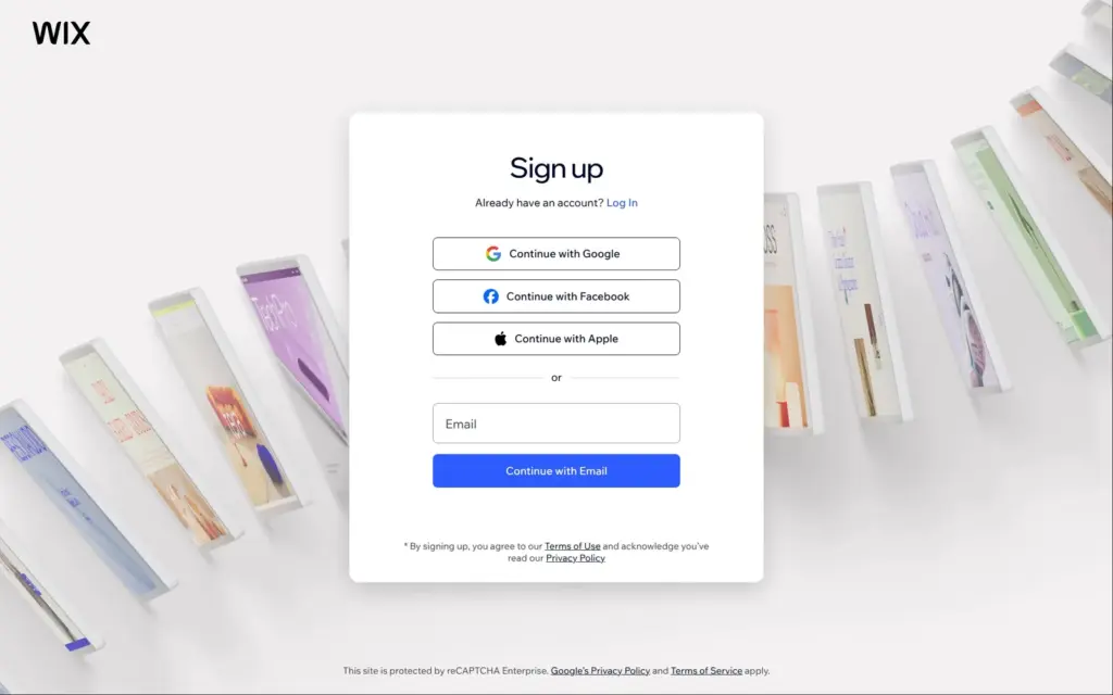Wix sign-up form with Google, Facebook, Apple and email options