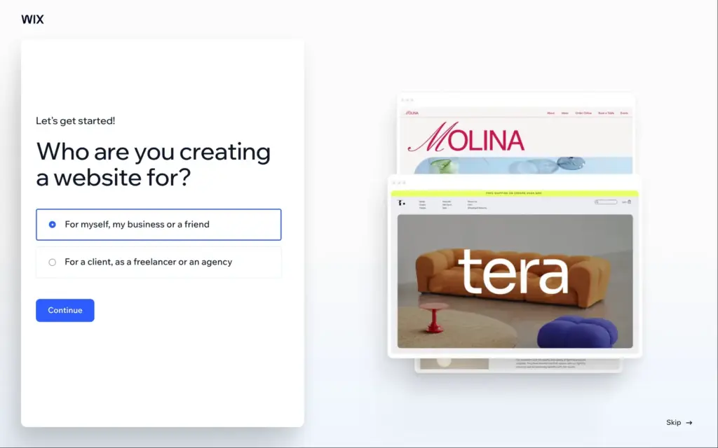 Wix onboarding question asking who the website is for