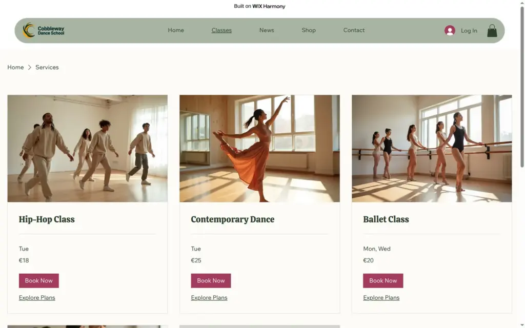 Classes page of the dance school site with Book Now buttons